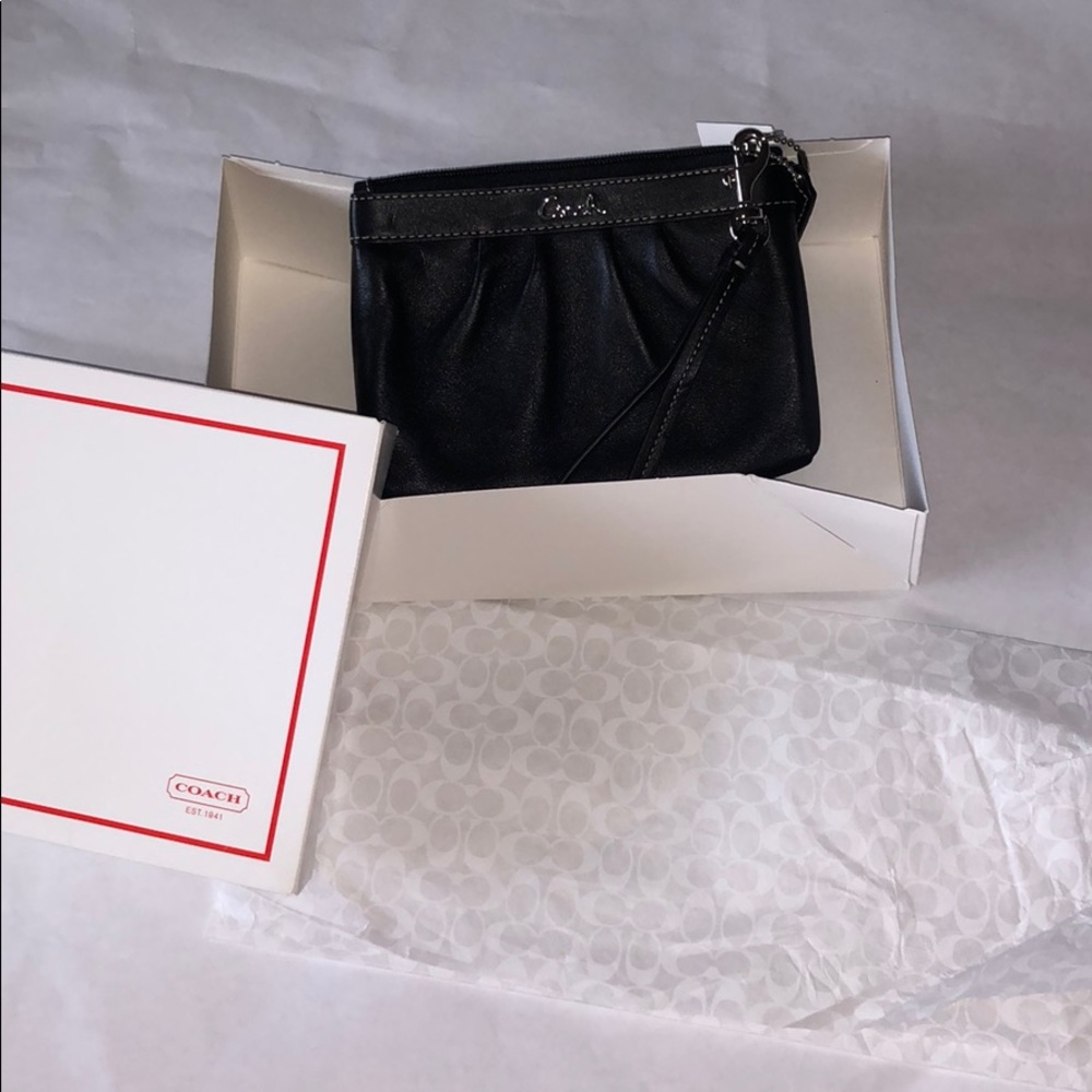 Coach Black Leather Pleated Script Wristlet